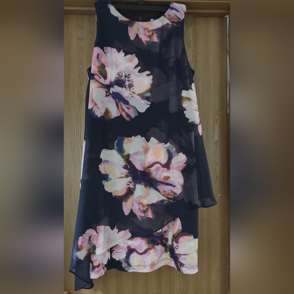 SL Fashions Sleeveless Navy Dress with Large Pink Flowers